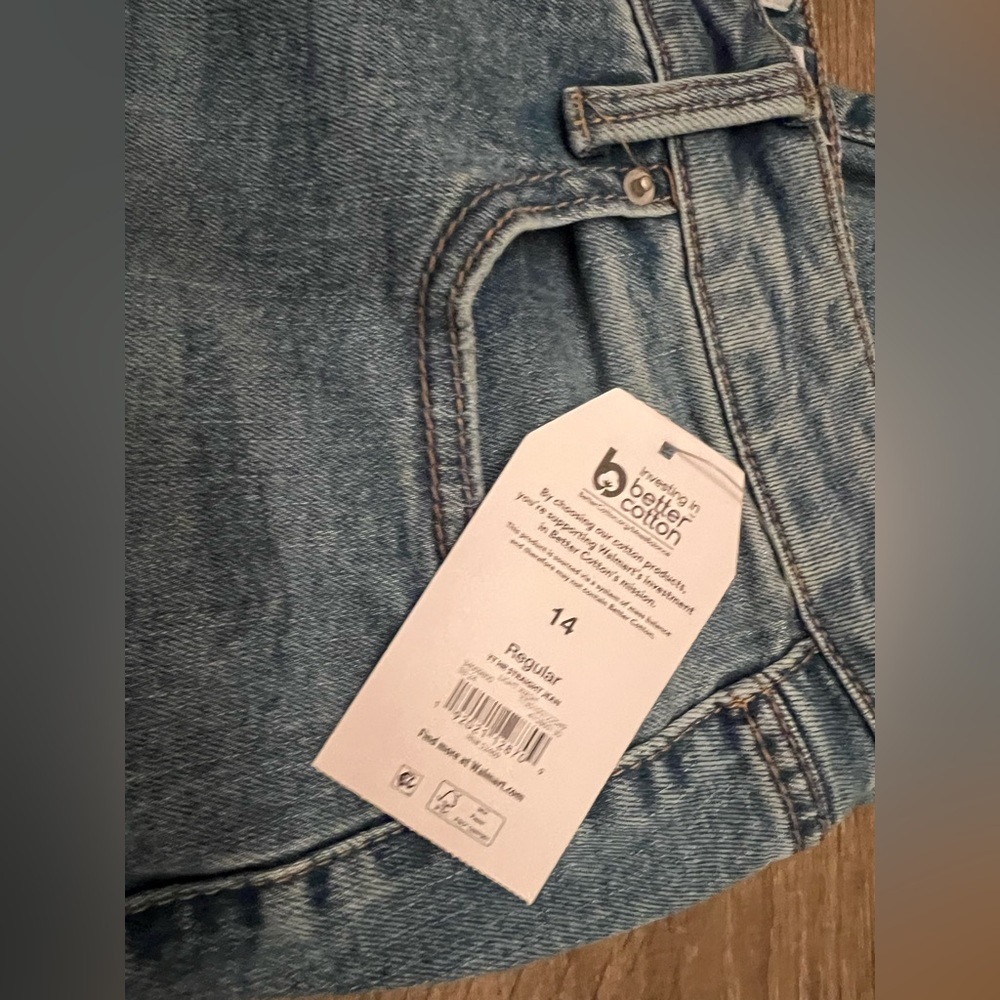 NWT Blue Denim Jeans, distressed hem, 14 - Picture 2 of 5